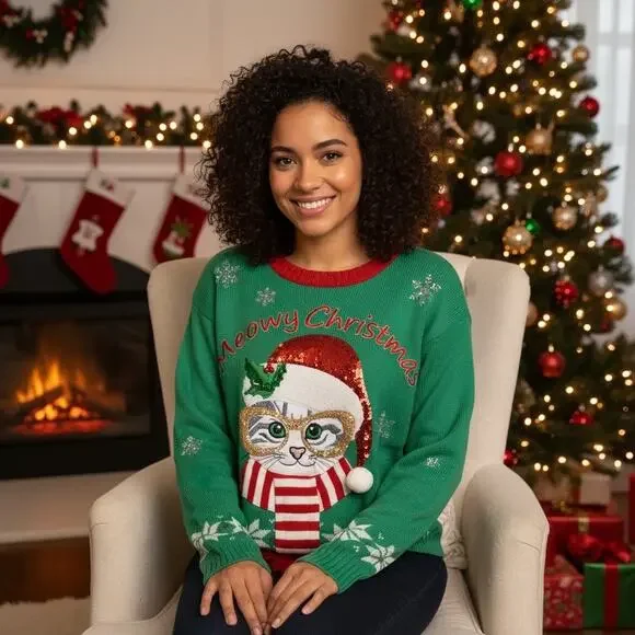 New Directions Petite “Meowy Christmas” Cat Ugly Christmas Sweater – Size PS - Picture 1 of 5